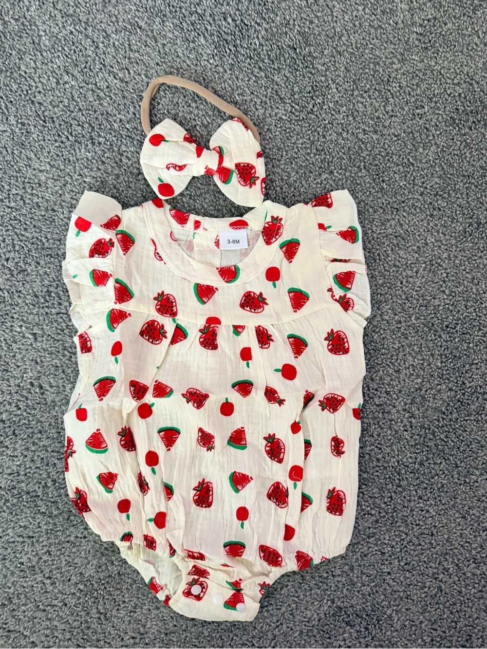 Strawberry Print Baby Romper with Matching Bow Headband - White/Red